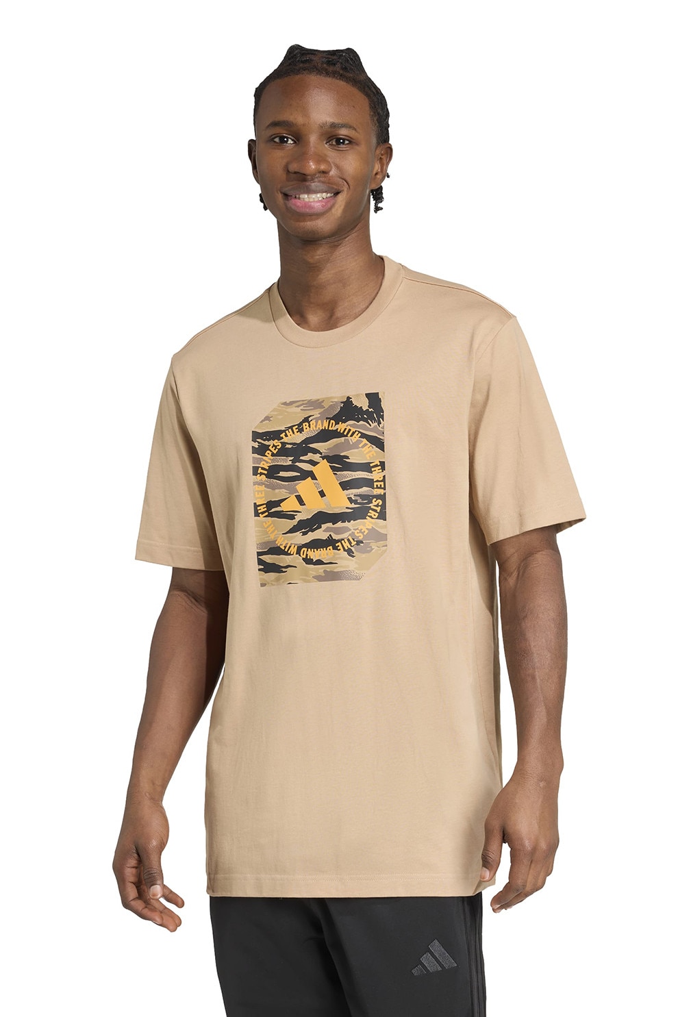 adidas Sportswear, Tricou cu decolteu la baza gatului si imprimeu logo, Galben pai, Maro nisip, Gri inchis, S