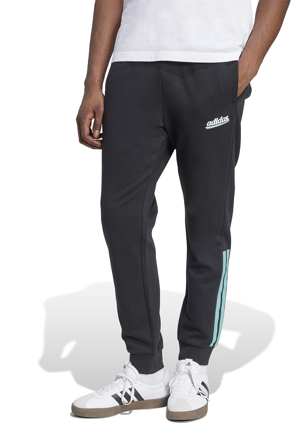 adidas Sportswear, Pantaloni de trening cu benzi logo contrastante, Negru, Turcoaz, XL