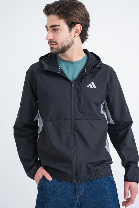 adidas Sportswear, Jacheta cu gluga si buzunare cu fermoar, Negru/Gri