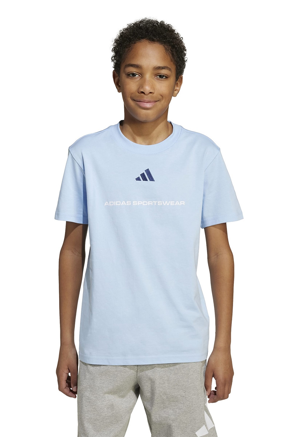 adidas Sportswear, Tricou din bumbac cu decolteu la baza gatului, Albastru glaciar, 128 CM