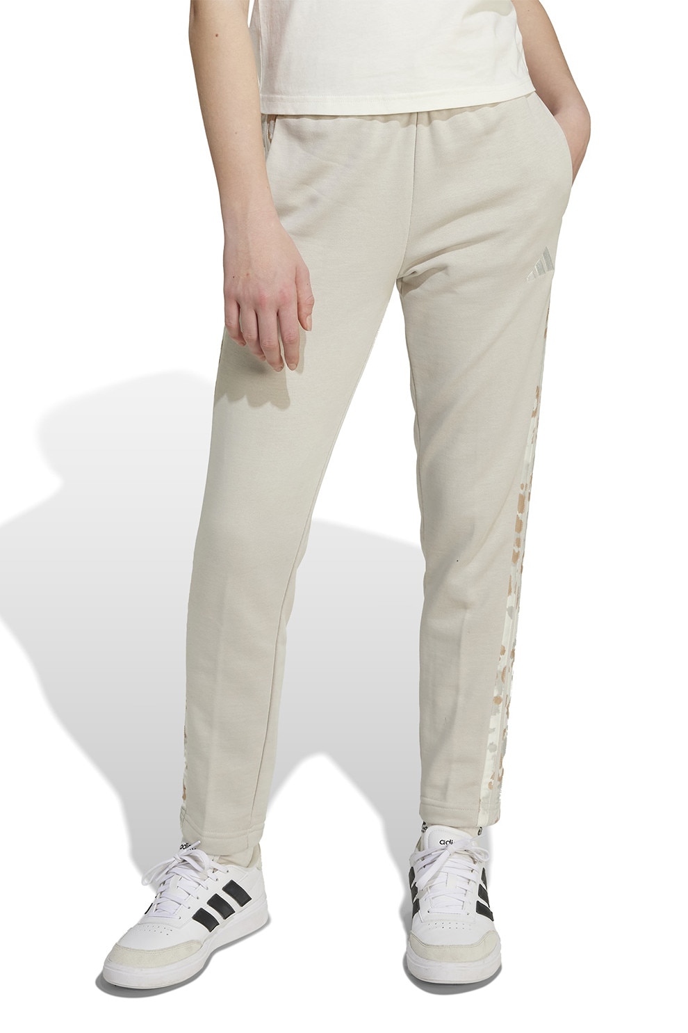 adidas Sportswear, Pantaloni de trening cu benzi laterale cu model si snur, Alb, Caramel, Bej deschis, 128 CM