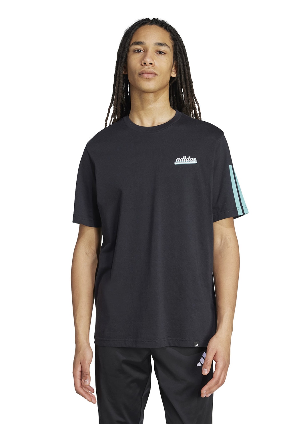 adidas Sportswear, Tricou lejer cu imprimeu logo pe piept, Negru, Turcoaz, L