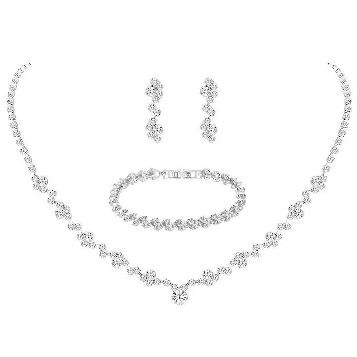 Set de bijuterii de mireasa, colier, bratara si cercei, set din 3 piese, incrustat cu zirconiu cubic, hipoalergenic, LEIISVK, argint, potrivit pentru mirese, domnisoare de onoare si accesorii pentru costume de bal