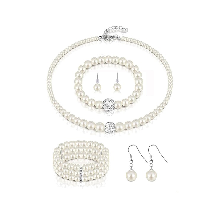 Set bijuterii din perle, 1 colier de perle, 2 bratara cu perle strasuri, 2 cercei cu perle, set de 5 piese, LEIISVK, alb, potrivit pentru nunti, zile de nastere, petreceri de burlacite, petreceri cu ceai si alte ocazii