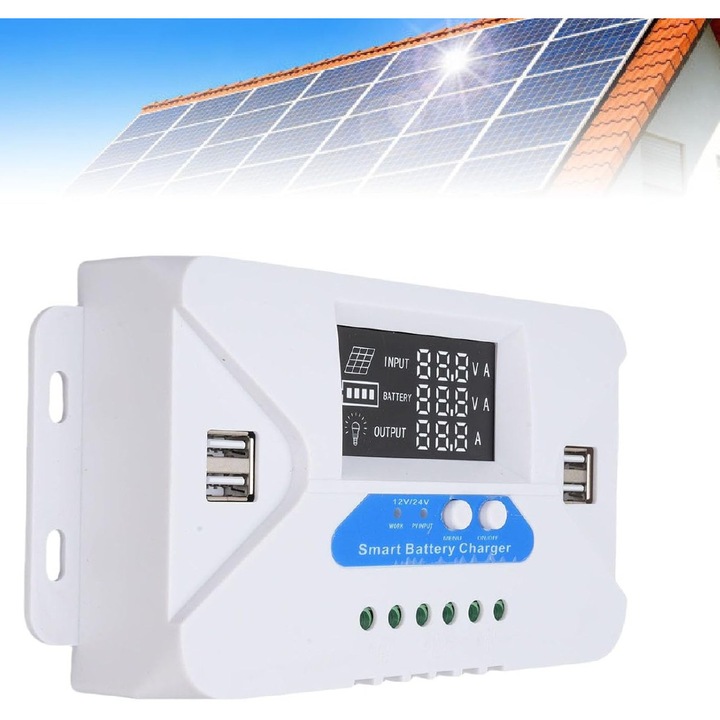Regulator de incarcare solara cu display LCD, 4 porturi USB, 7 moduri, aluminiu
