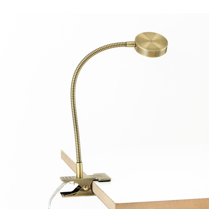 Lampa de masa LED MIRA cu Clema Prindere Masa si Brat Flexibil 42cm, LED 3W/250lm/4000K otel finisaj alama antica IP20 ORION
