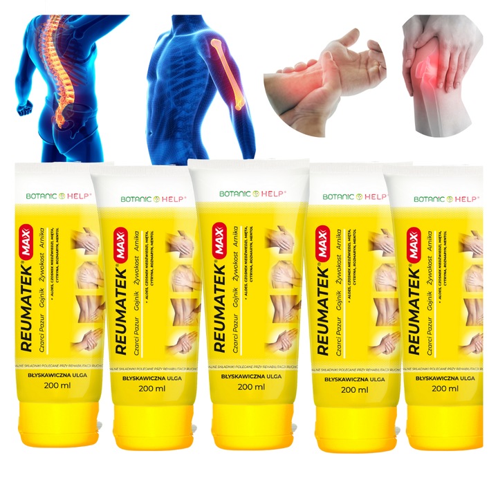 5 x Gel terapeutic Reumatek MAX BotanicHelp pentru masaj calmant, relaxare musculara si articulatii rigide, 5 x 200 ml