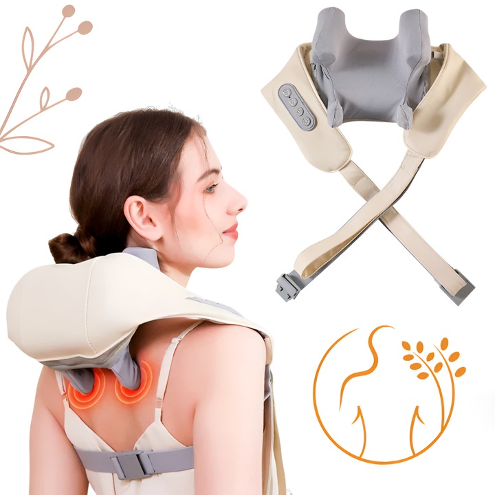 Masaj Trapezoidal Portabil, Aparat Masaj Gat Umeri Spate Cu Incalzire si Vibratii, Masaj Cervical Electric Wireless, Compresa Caldura, Textil Respirabil, Gri