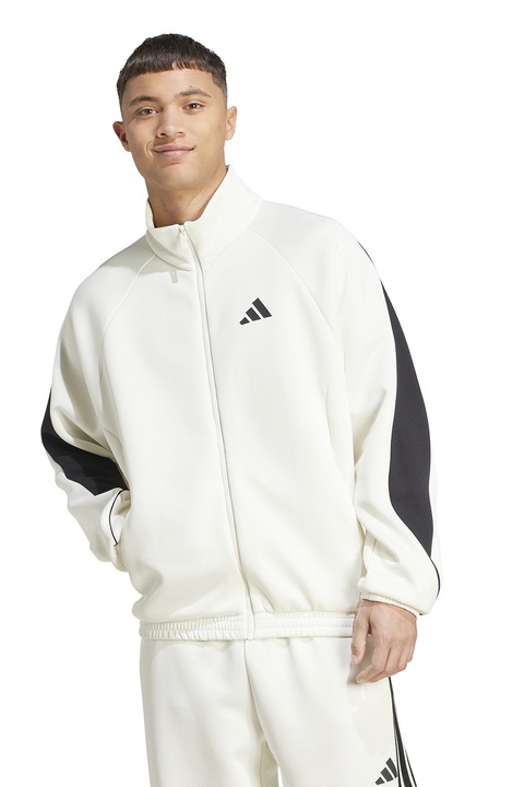 adidas Sportswear, Bluza de trening cu fermoar si guler rigid Stadium, Negru/Alb optic