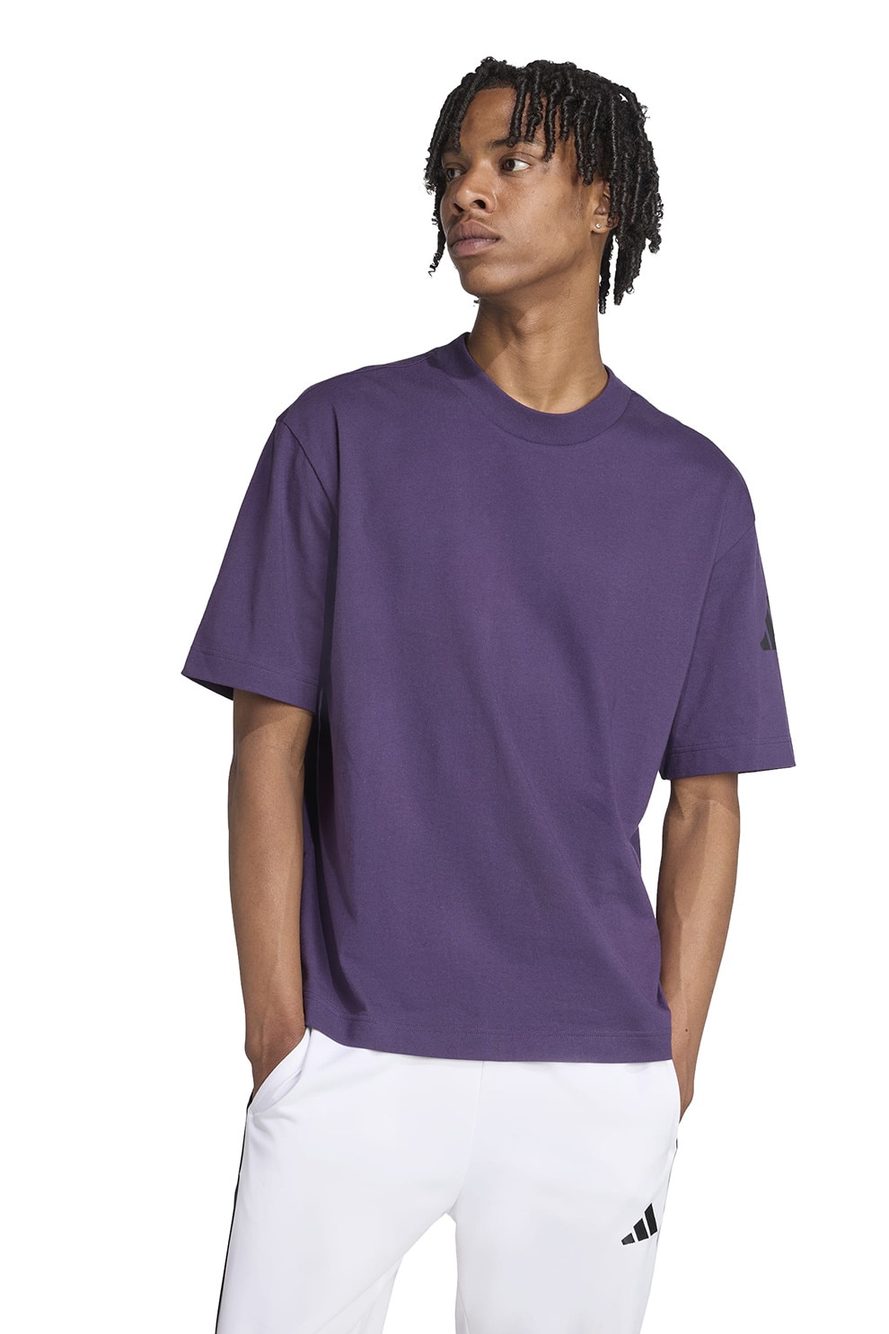 adidas Sportswear, Tricou cu decolteu la baza gatului si detaliu cu logo pe maneci, Negru, Mov inchis, M