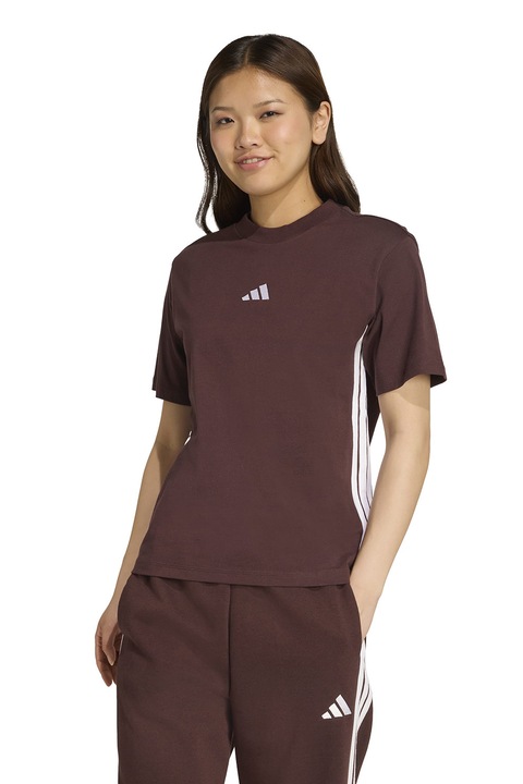 adidas Sportswear, Tricou din bumbac cu decolteu la baza gatului, Alb/Maro inchis