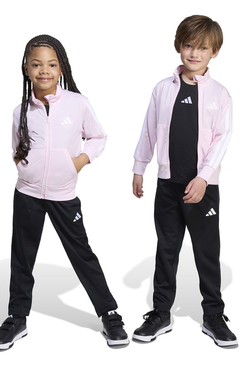 adidas Sportswear, Trening cu model in doua nuante si fermoar, Alb/Negru/Roz pal