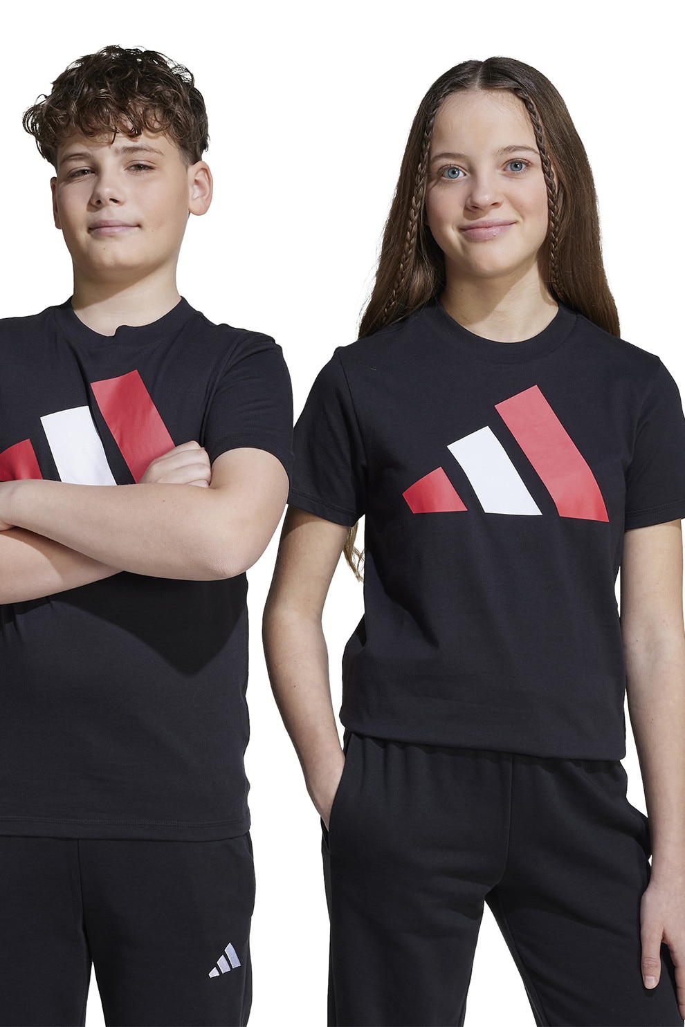 adidas Sportswear, Tricou din bumbac cu imprimeu logo cauciucat, Alb, Negru, Rosu inchis, 128 CM