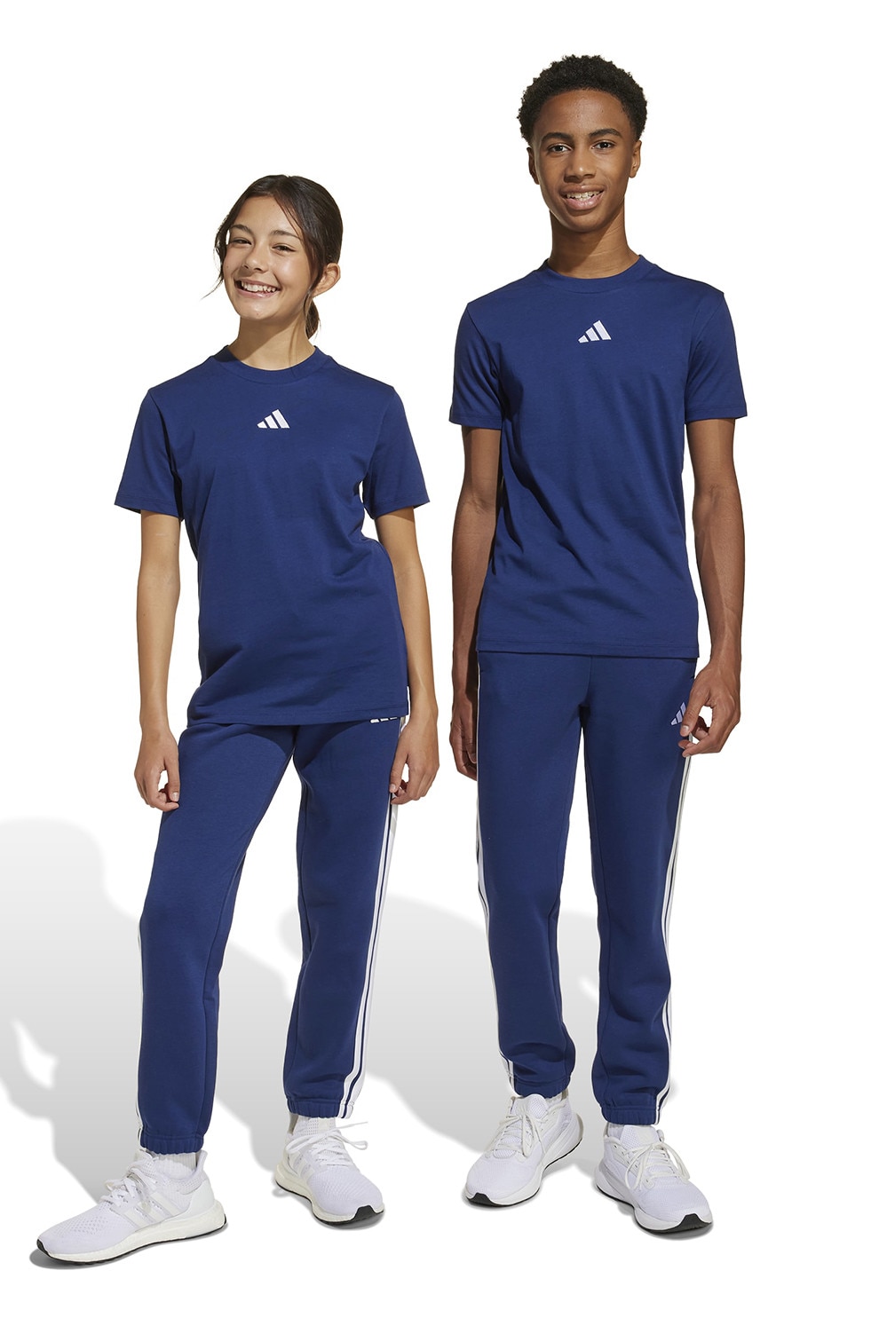 adidas Sportswear, Pantaloni de trening regular fit cu benzi logo contrastante, Alb, Albastru inchis, 128 CM
