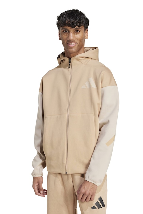 adidas Sportswear, Hanorac cu maneci contrastante si fermoar, Bej/Maro nisip