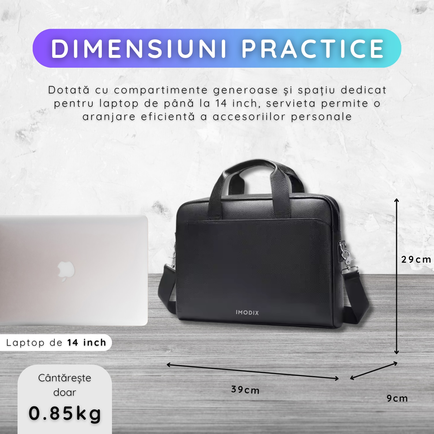 Geanta Laptop Din Piele Naturala, IMODIX®, Compartiment Pentru Laptop 14-inch, Spatioasa, Curea De Umar Ajustabila, Multiple Compartimente, Ideala Pentru Birou Si Calatorii, 39x29x9 cm, Model 5006, Negru