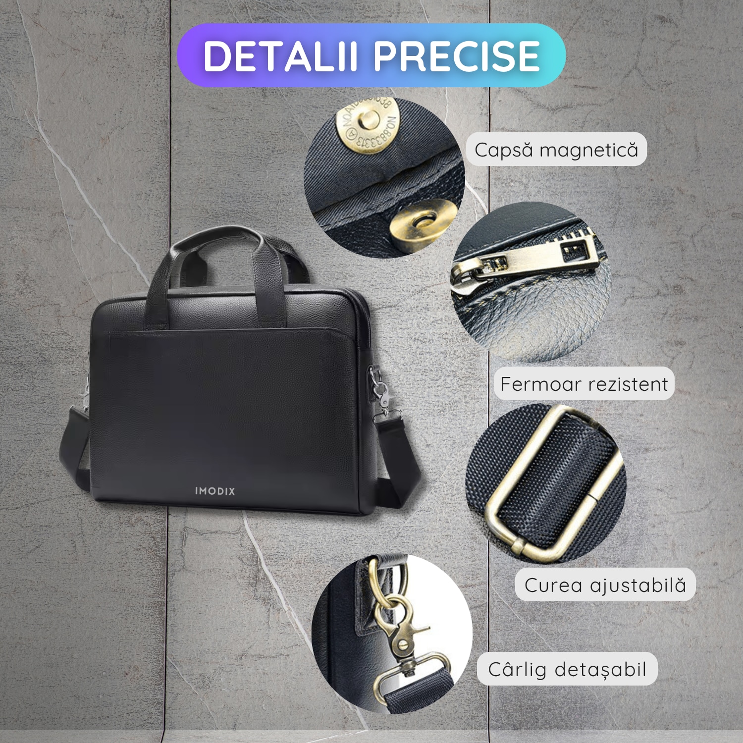 Geanta Laptop Din Piele Naturala, IMODIX®, Compartiment Pentru Laptop 14-inch, Spatioasa, Curea De Umar Ajustabila, Multiple Compartimente, Ideala Pentru Birou Si Calatorii, 39x29x9 cm, Model 5006, Negru