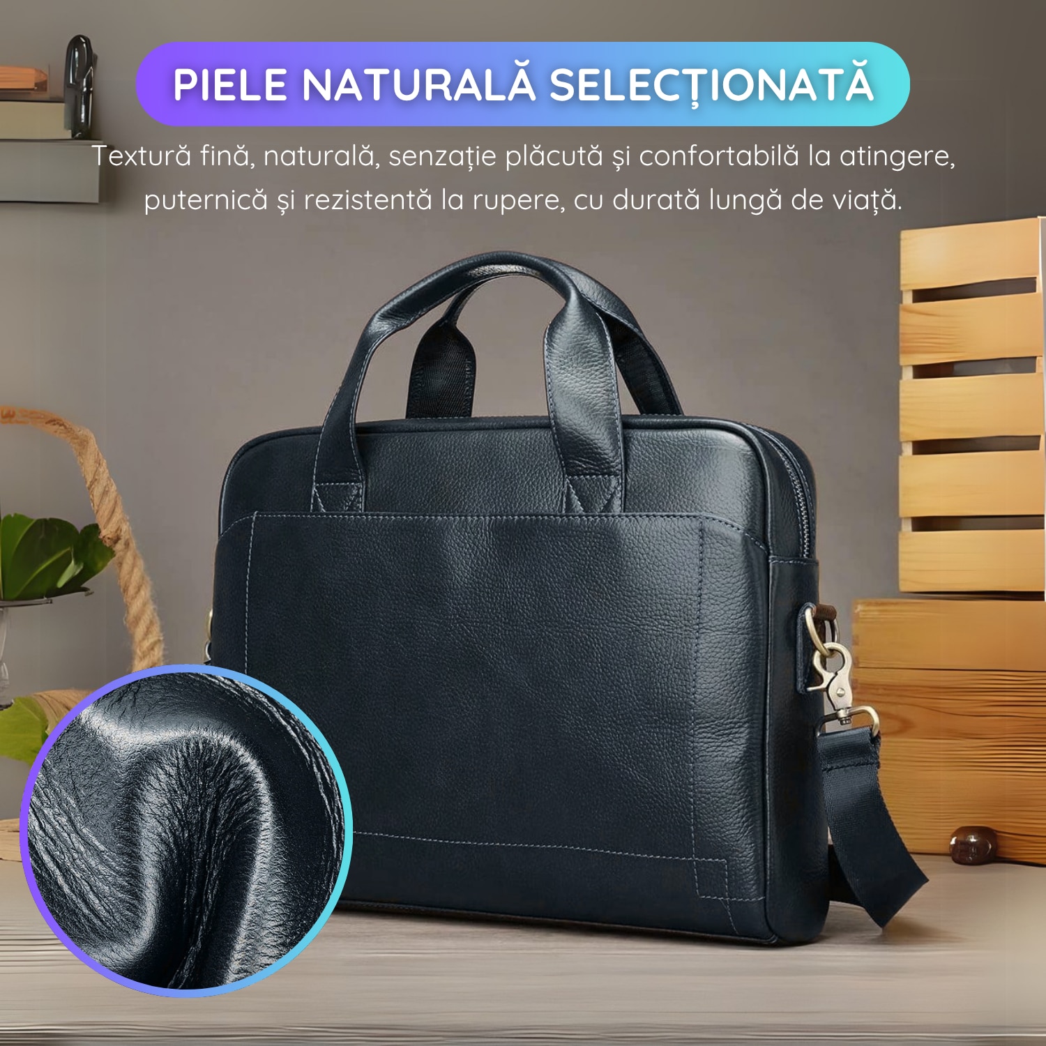 Geanta Laptop Din Piele Naturala, IMODIX®, Compartiment Pentru Laptop 14-inch, Spatioasa, Curea De Umar Ajustabila, Multiple Compartimente, Ideala Pentru Birou Si Calatorii, 39x29x9 cm, Model 5006, Negru