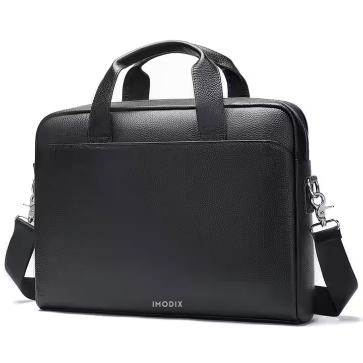 Valódi bőr férfi aktatáska, IMODIX®, 14 hüvelykes laptop rekesz, tágas, állítható vállpánt, több rekesszel, ideális irodába és utazáshoz, 38,5x28x6 cm, 5006-os modell, fekete