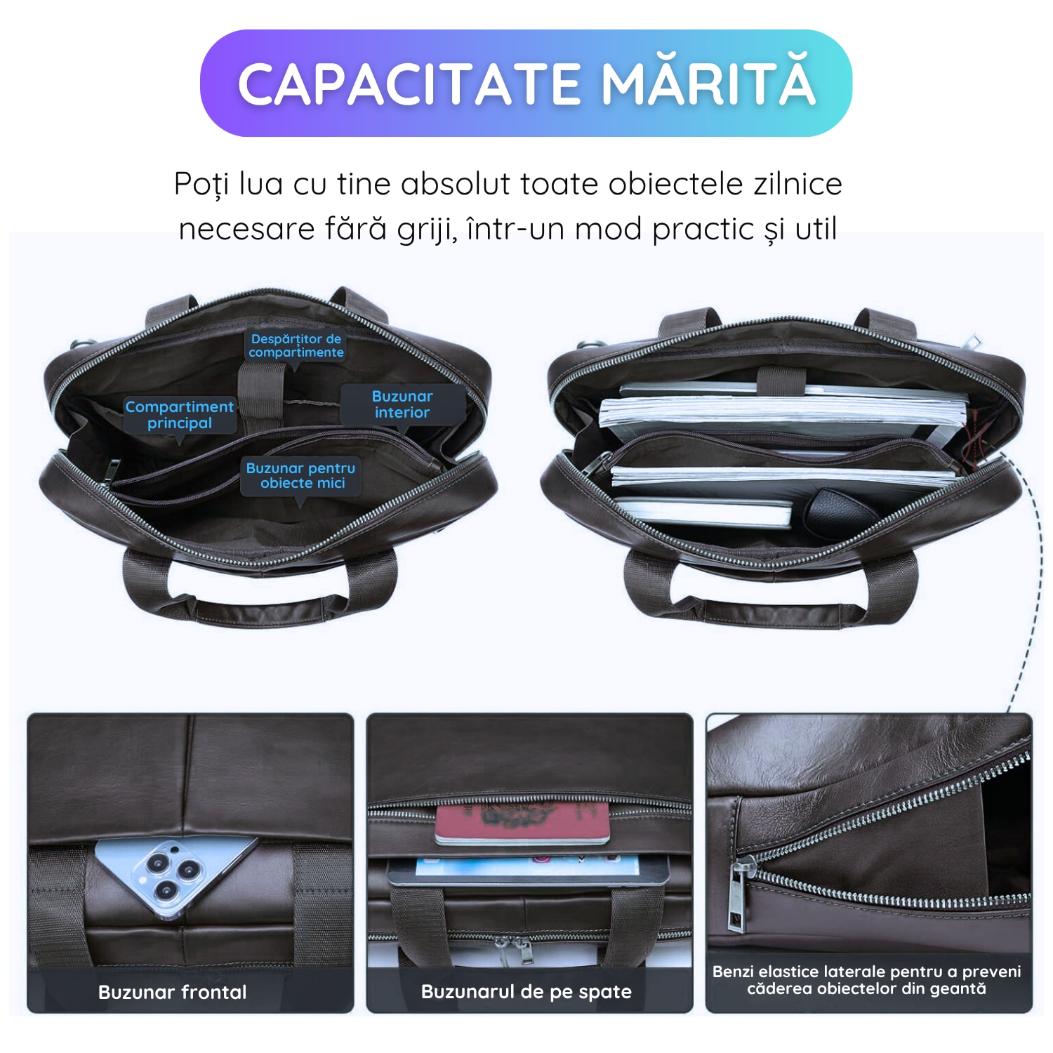 Geanta Laptop Din Piele Naturala, IMODIX®, Compartiment Pentru Laptop 14-inch, Spatioasa, Curea De Umar Ajustabila, Multiple Compartimente, Ideala Pentru Birou Si Calatorii, 39x29x9 cm, Model 5006, Negru