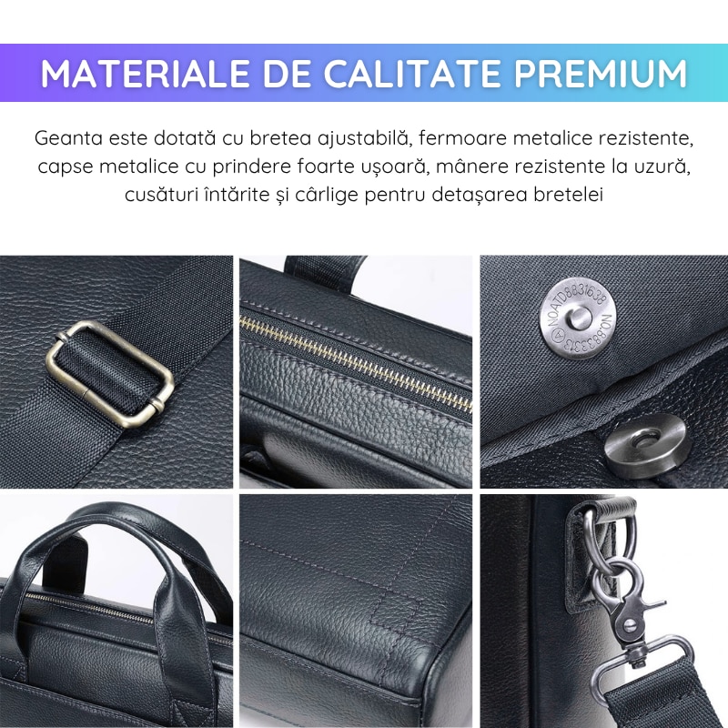 Geanta Laptop Din Piele Naturala, IMODIX®, Compartiment Pentru Laptop 14-inch, Spatioasa, Curea De Umar Ajustabila, Multiple Compartimente, Ideala Pentru Birou Si Calatorii, 39x29x9 cm, Model 5006, Negru