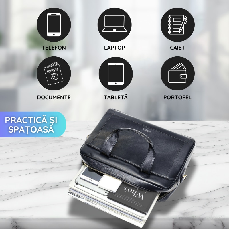 Geanta Laptop Din Piele Naturala, IMODIX®, Compartiment Pentru Laptop 14-inch, Spatioasa, Curea De Umar Ajustabila, Multiple Compartimente, Ideala Pentru Birou Si Calatorii, 39x29x9 cm, Model 5006, Negru