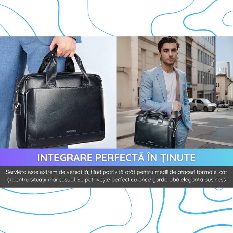 Geanta Laptop Din Piele Naturala, IMODIX®, Compartiment Pentru Laptop 14-inch, Spatioasa, Curea De Umar Ajustabila, Multiple Compartimente, Ideala Pentru Birou Si Calatorii, 39x29x9 cm, Model 5006, Negru