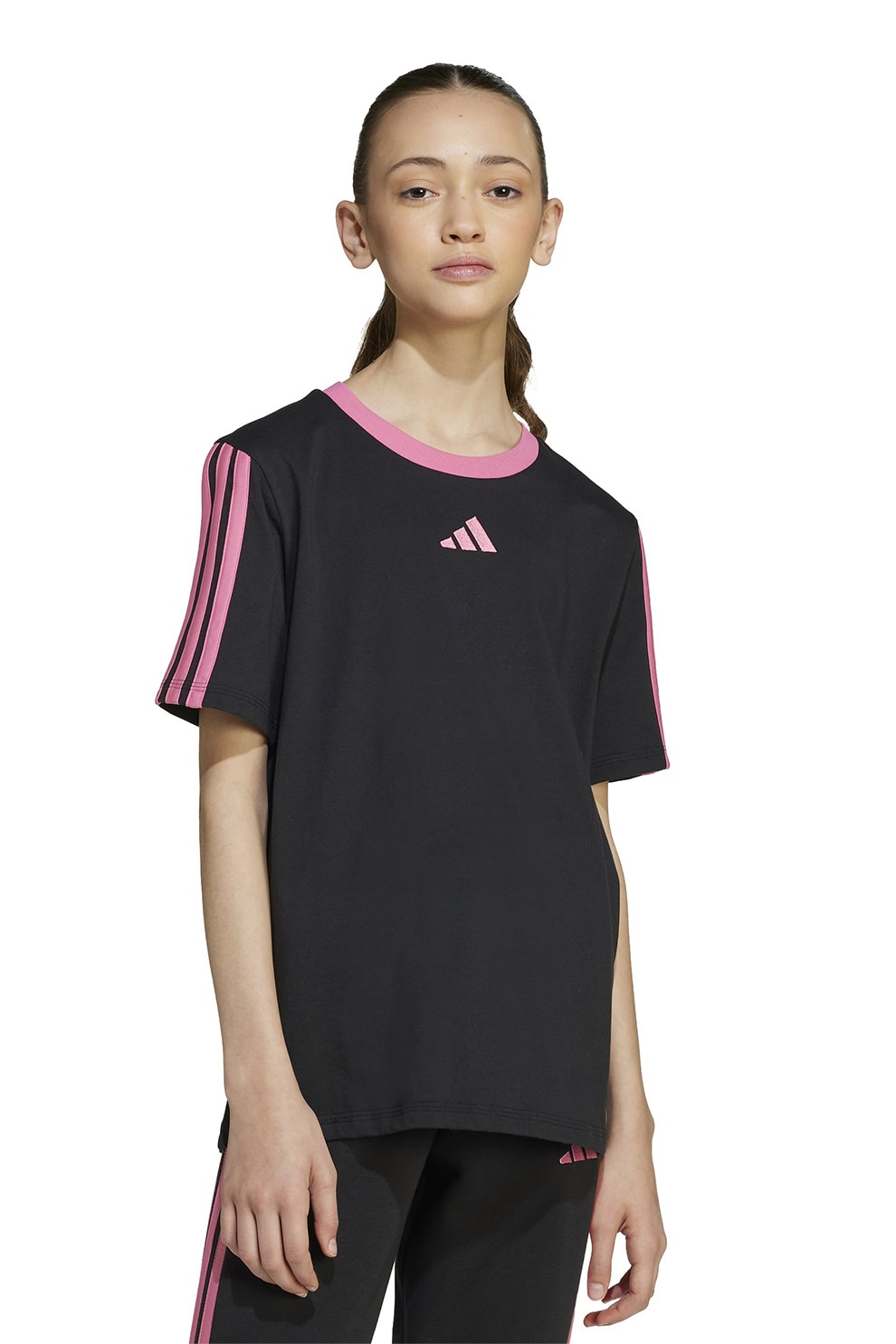 adidas Sportswear, Tricou cu decolteu la baza gatului si garnituri contrastante, Negru, Roz, 164 CM