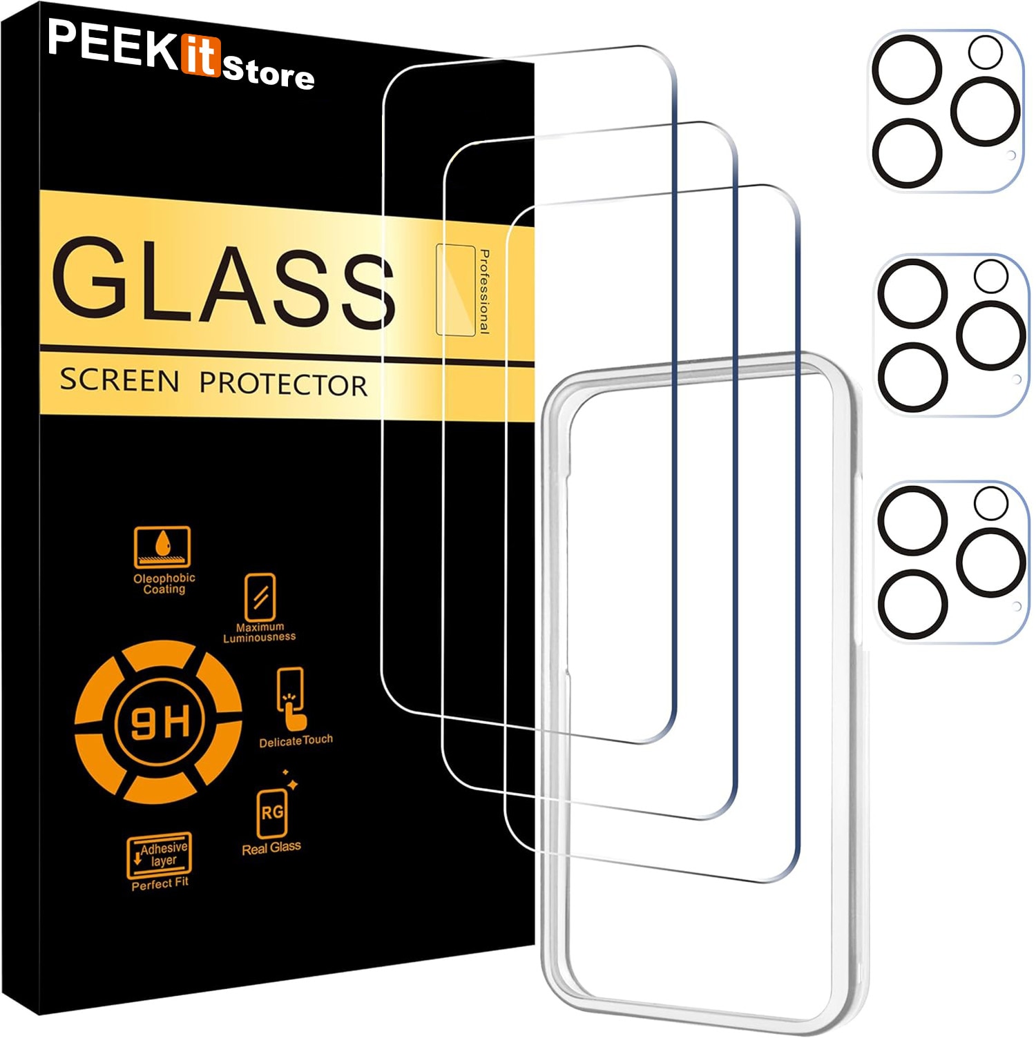 Set 3 Folii de protectie ecran pentru iPhone 16 Pro [6.3 inch] + 3 Protectii lentila camera cu cadru de instalare, folie sticla securizata compatibila cu husa, [9H Hardness] - HD, PEEKit