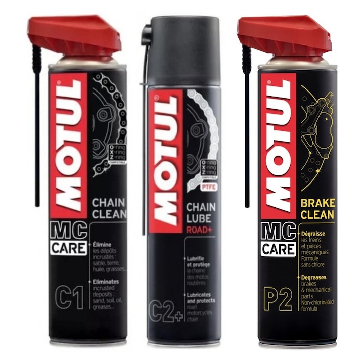 Kit Intretinere Moto, Motul C1 + C2 + P2, Spray Motul C1 MC Care Pentru Curatat Lantul Moto, 400 ml, Spray Lubrifiant Pentru Lanturi, Motul Chain Lube Road C2+ 400ml si Motul P2 BRAKE CLEAN Pentru Curatat Discurile De Frana