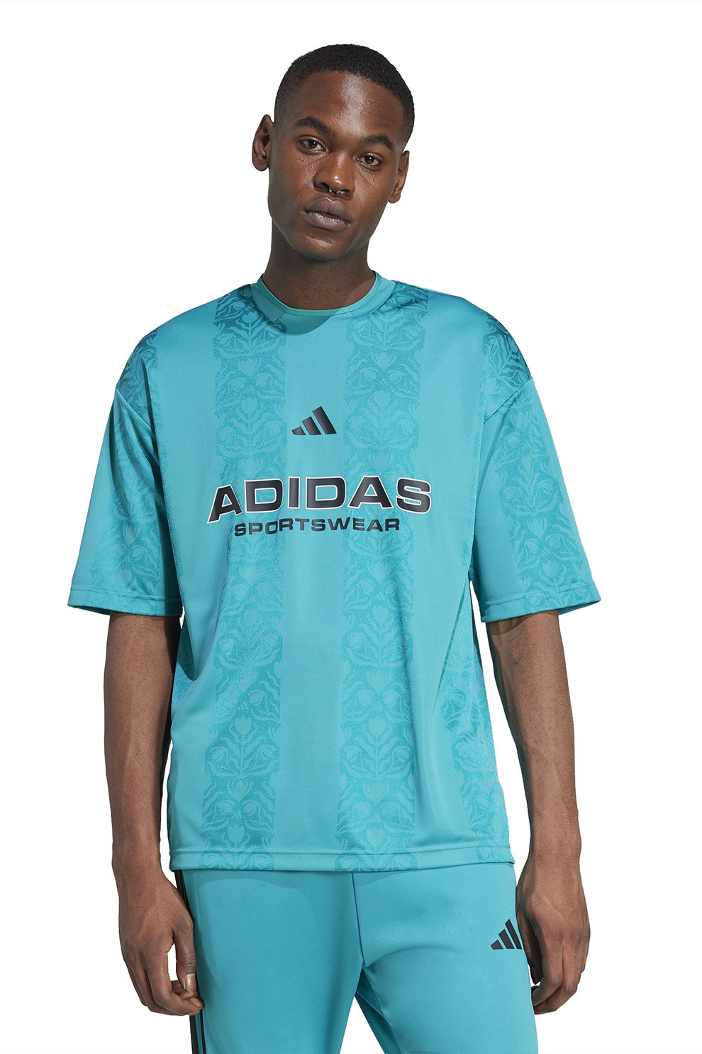 adidas Sportswear, Tricou cu decolteu la baza gatului si imprimeu logo, Verde persan, M