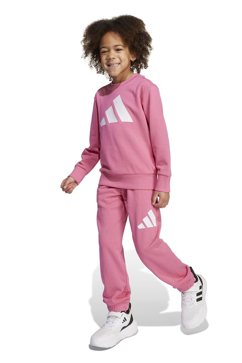adidas Sportswear, Спортен екип с памук с лого, Бял/Розова сьомга