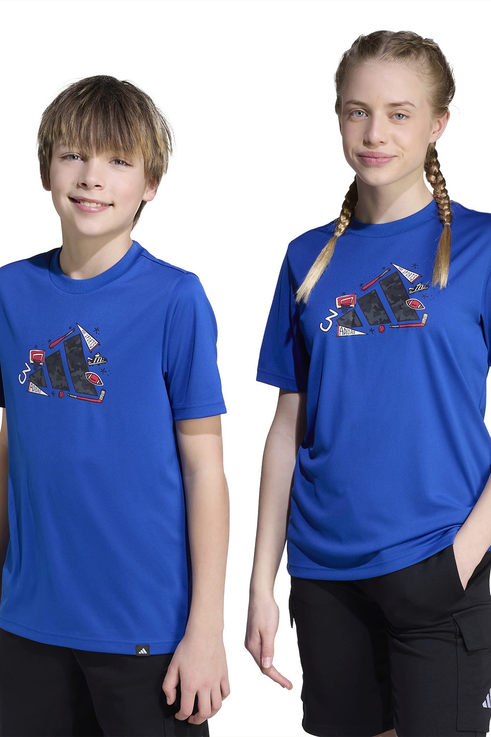 adidas Sportswear, Tricou cu logo si decolteu la baza gatului, Albastru royal, 152 CM