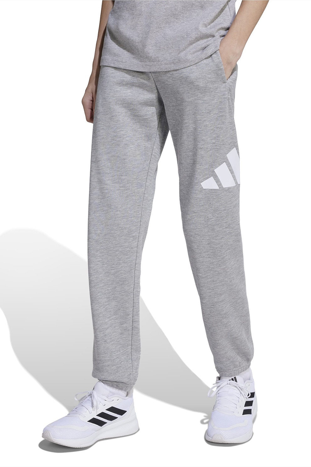 adidas Sportswear, Pantaloni de trening cu logo si snur in talie, Alb, Gri melange, 128 CM