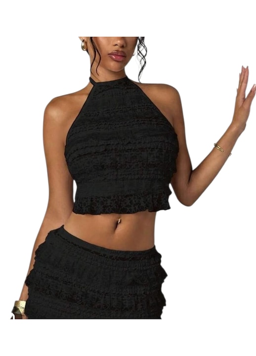 Top negru din dantela, creponat, elegant, marimea XS