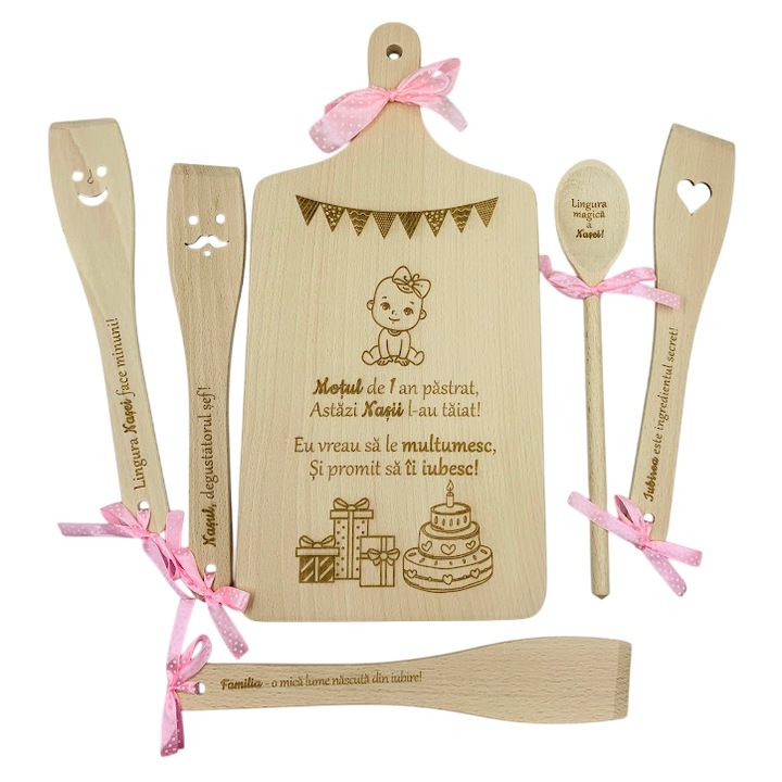 Set bucatarie personalizat, Nasi "Prima aniversare - Mot", fetita