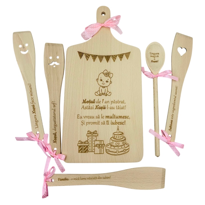Set bucatarie personalizat, Nasi "Prima aniversare - Mot", fetita