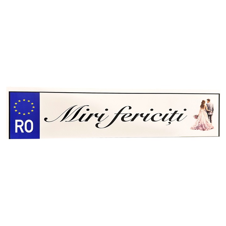 Placuta numere masina pentru nunta Miri fericiti, 52x12cm, MDF