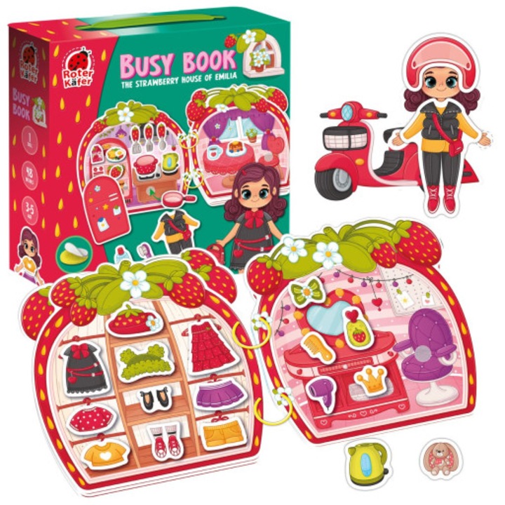 Set joc educativ Fresh Ideas, carte BUSY BOOK, 1 papusa, 48 elemente, 55 puncte galbene, 62 puncte albe, truskawek, dimensiuni variate.