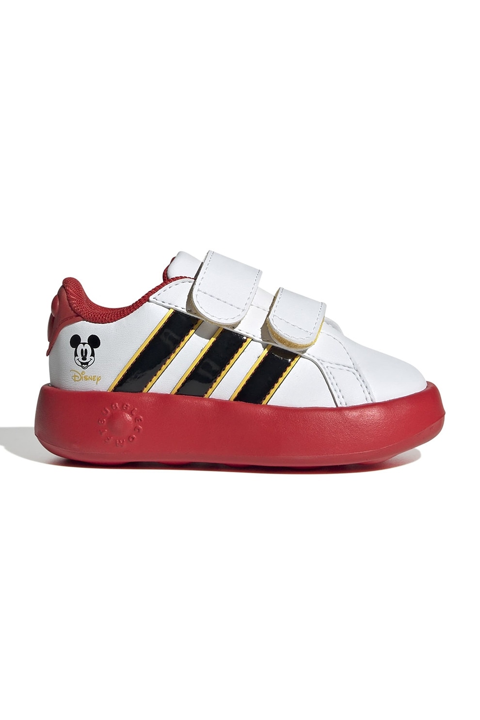 adidas Sportswear, Pantofi sport Grand Court din piele ecologica cu imprimeu Mickey Mouse, Negru, Alb optic, Rosu vermillion, 26 EU