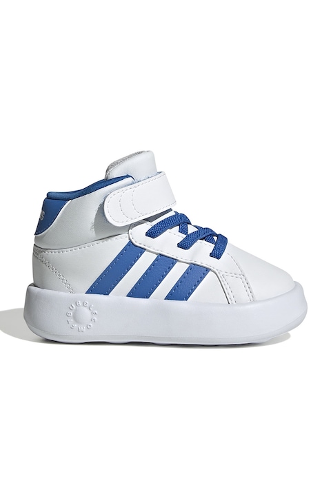 adidas Sportswear, Pantofi sport mid-high de piele ecologica cu velcro Grand Court, Alb optic/Albastru deschis