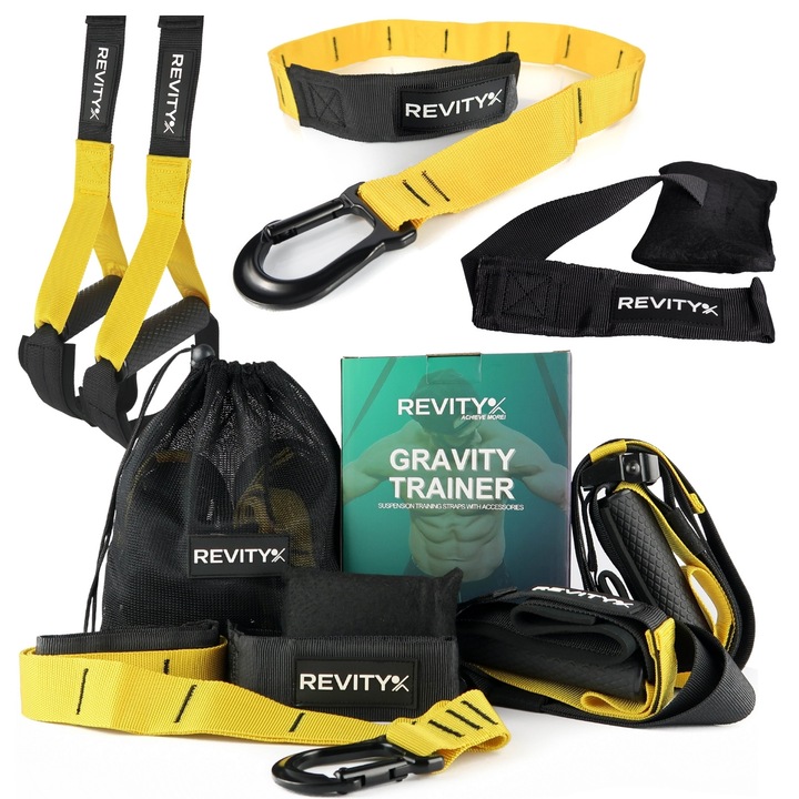 Benzi de antrenament in suspensie GRAVITY TRAINER, manere cauciuc, prindere pe usa, suport 250 kg, pentru antrenament cu greutatea corpului – culoare galben