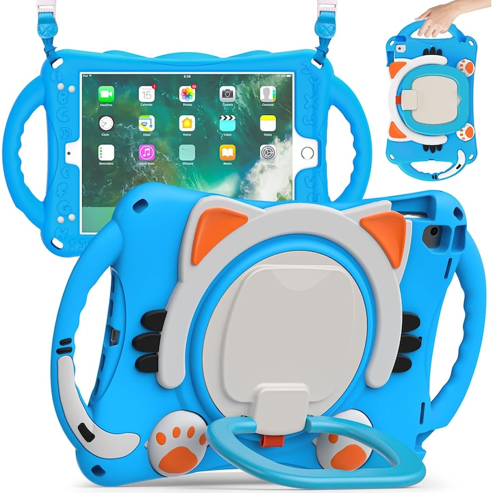 Husa copil pentru iPad 9.7” (2017–2018 / Air 2 / Pro 9.7), model pisicuta, silicon albastru, cu maner rotativ si suport