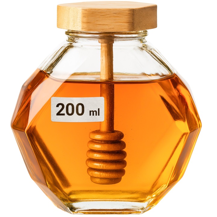 200 ml-es mézesüveg fa cseppentővel és bambusz tetővel – gyémánt dizájn, elegáns üveg, ideális ajándék