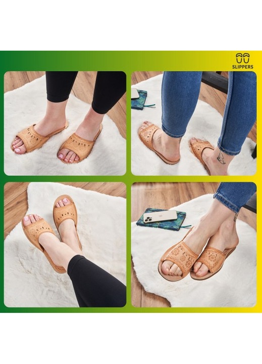 Papuci de casa Highlander pentru femei, din piele, maro, confortabili, cu model, Cutie ecologica Slippers marimea 37