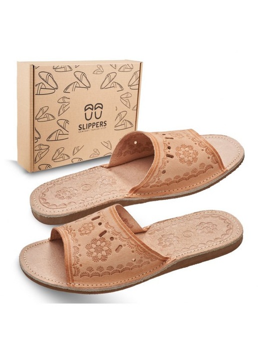 Papuci de casa Highlander pentru femei, din piele, maro, confortabili, cu model, Cutie ecologica Slippers marimea 37