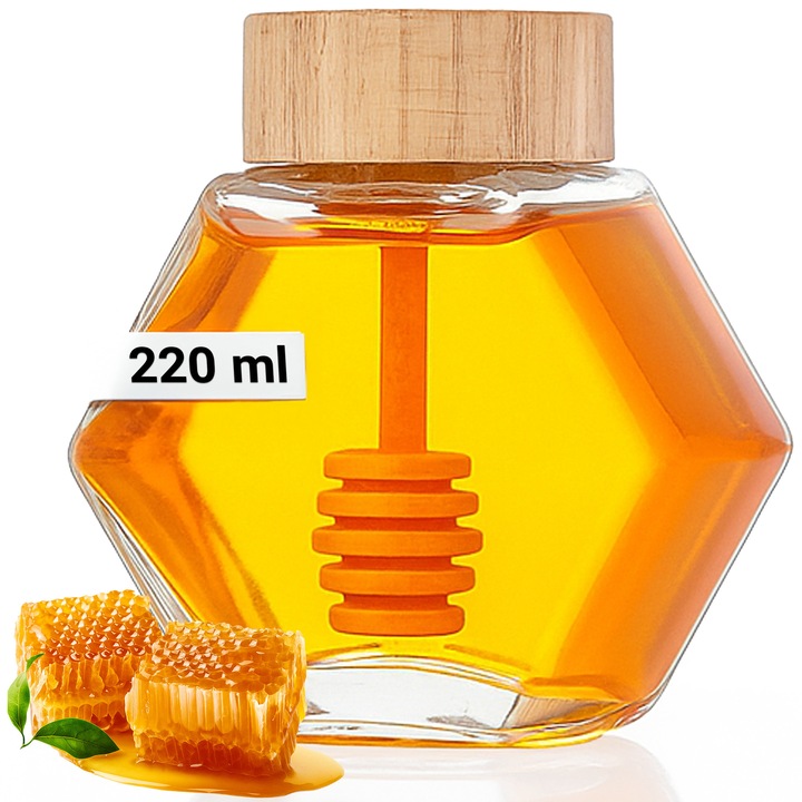 220 ml-es mézesüveg bambuszkanállal – elegáns, átlátszó üveg, ideális ajándék vagy mindennapi használatra