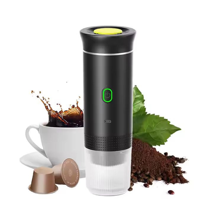 Hordozható kávéfőző - Dolce Gusto, Nespresso kapszulákkal és őrölt kávéval kompatibilis - 3 az 1-ben - 72 W - 3 db 2500 mAh akkumulátor - USB Type-C töltés és autós töltő - Fekete - Ideális utazáshoz, irodába vagy kempingezéshez