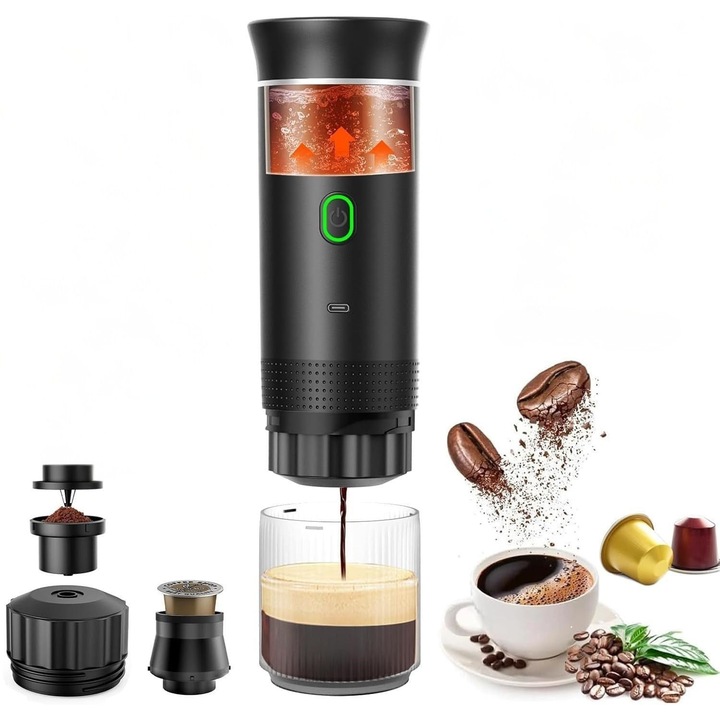 Espressor Cafea Portabil si Manual 3-in-1, INVICTWIN - Espresso oriunde cu Cafea Macinata si Capsule, 20 Bari, Incalzire Apa Integrata, Baterie 7500 mAh, 72W, Incarcare USB Type-C si Auto, Ideal pentru Casa, Masina, Camping si Calatorii