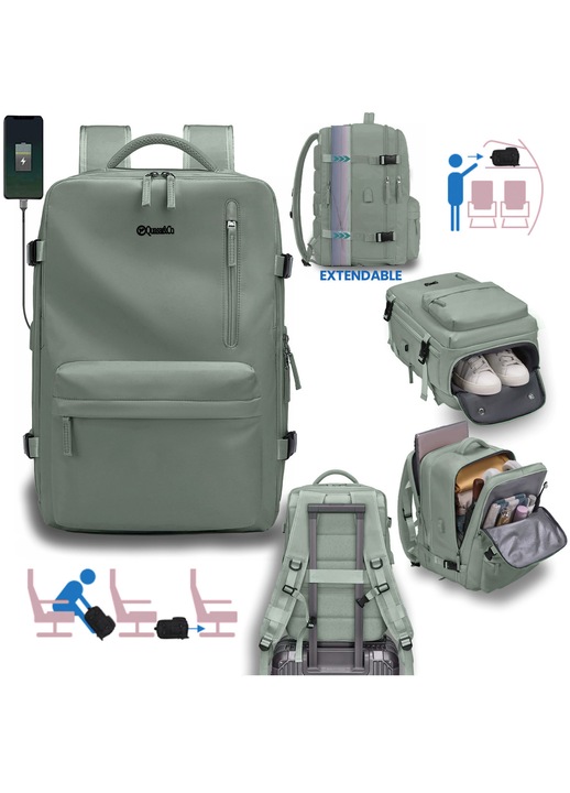 Rucsac bagaj de mana avion Quasar & Co.®, extensibil 43x30x20-28 cm, rucsac calatorie/voiaj multifunctional, impermeabil, compartiment pantofi, compartiment laptop, sistem agatare pe troler, pretabil drumetii/scoala, cu USB, textil, kaky